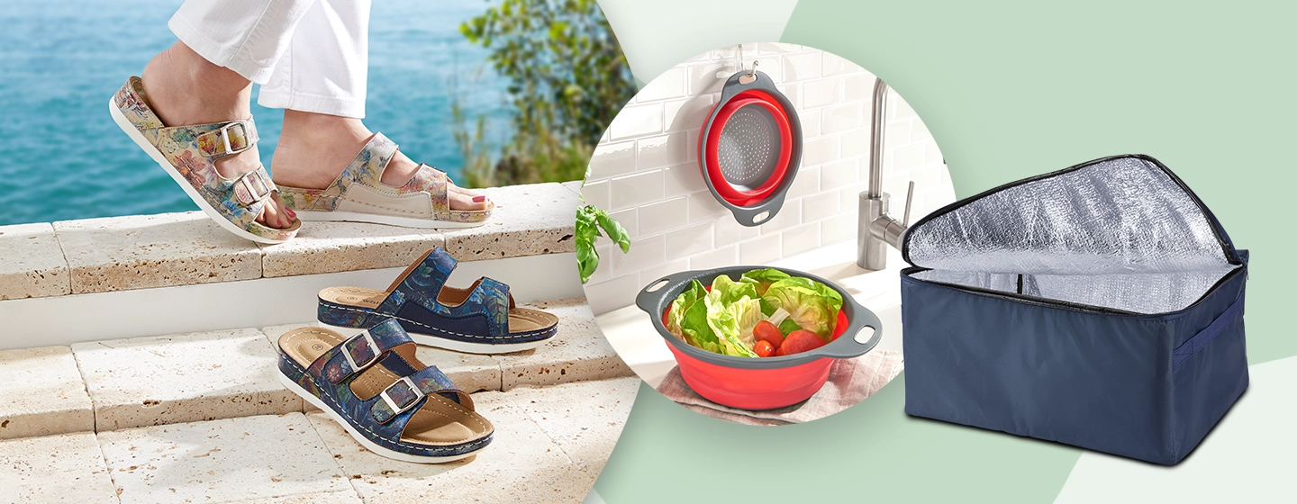 Sandalen auf Stufen, ein Sieb mit Salat und eine offene Kühltasche auf hellgrünem Hintergrund.