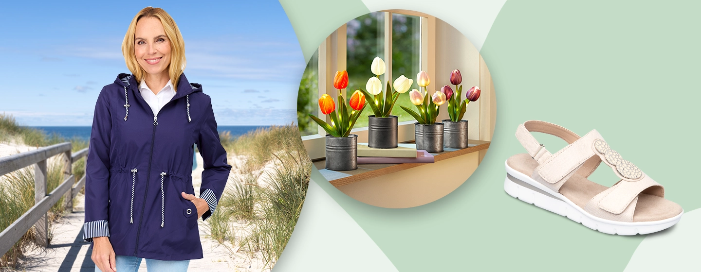 Eine Frau in einer blauen Jacke auf einer Strandpromenade, Tulpen in Töpfen am Fenster und beigefarbene Sandalen vor einem grün-weißen Hintergrund.