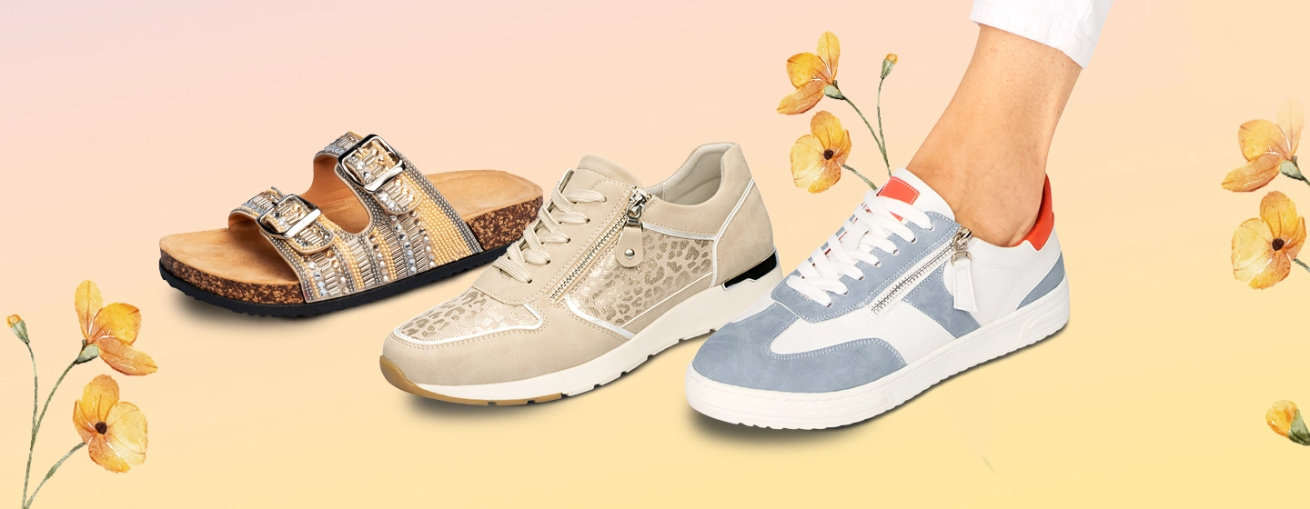 Modische Schuhe im Angebot: glitzernde Sandalen, beigefarbene Sneaker und blau-weiße Sneaker. Gelbe Blumen.