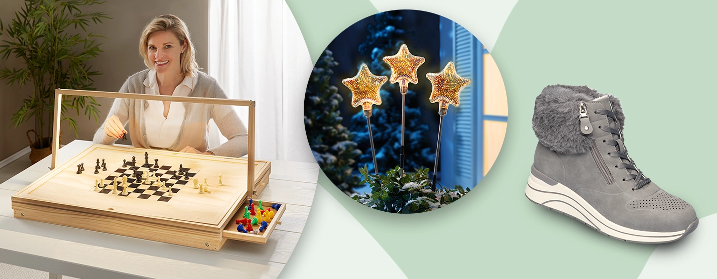 Eine Frau spielt Schach auf einem Puzzle- und Spieltisch, sternförmige Lichter leuchten vor einem Fenster, und ein grauer, mit Fell gefütterter Stiefel wird vor einem grünen Hintergrund präsentiert.