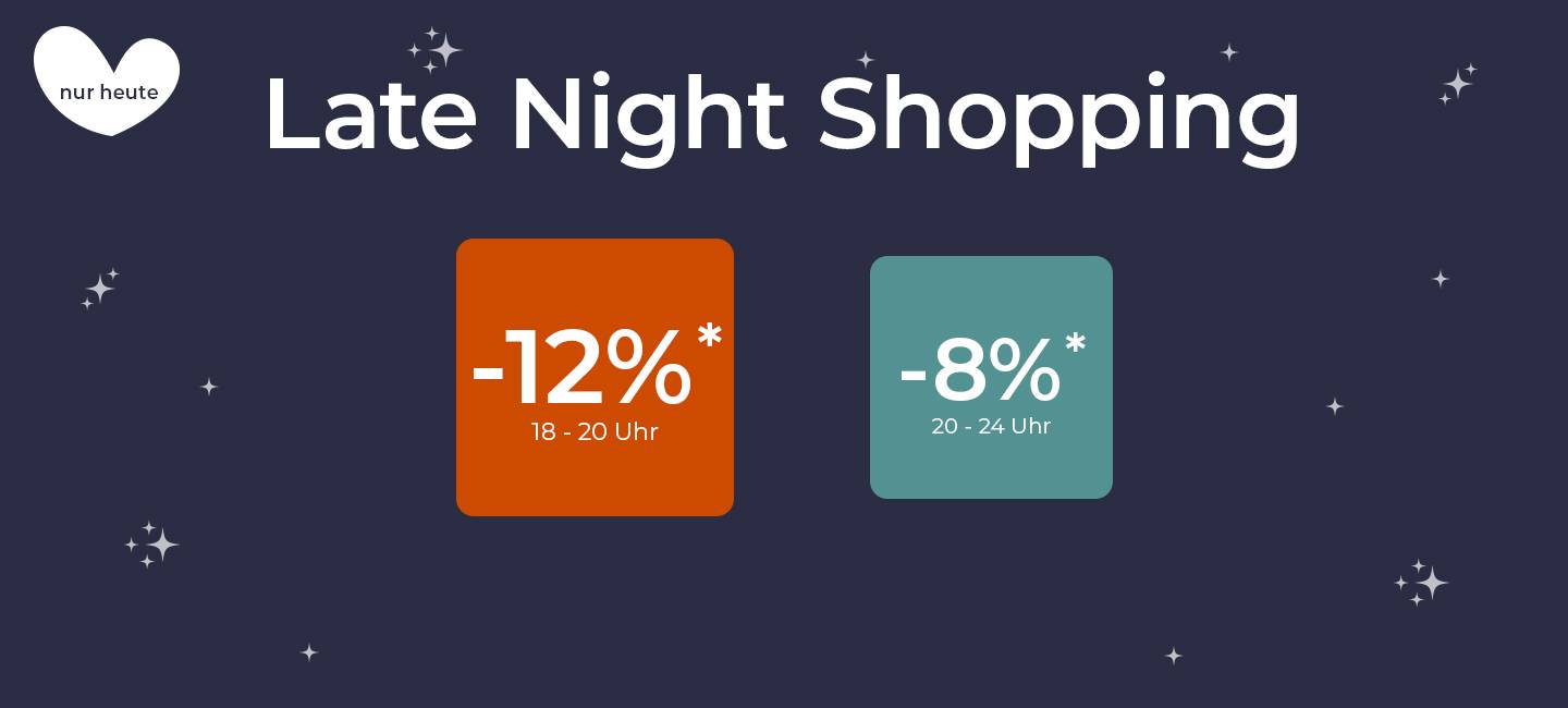 Werbegrafik für „Late Night Shopping“ mit Rabatten: -12% von 18-20 Uhr und -8% von 20-24 Uhr, auf dunklem Sternenhintergrund.