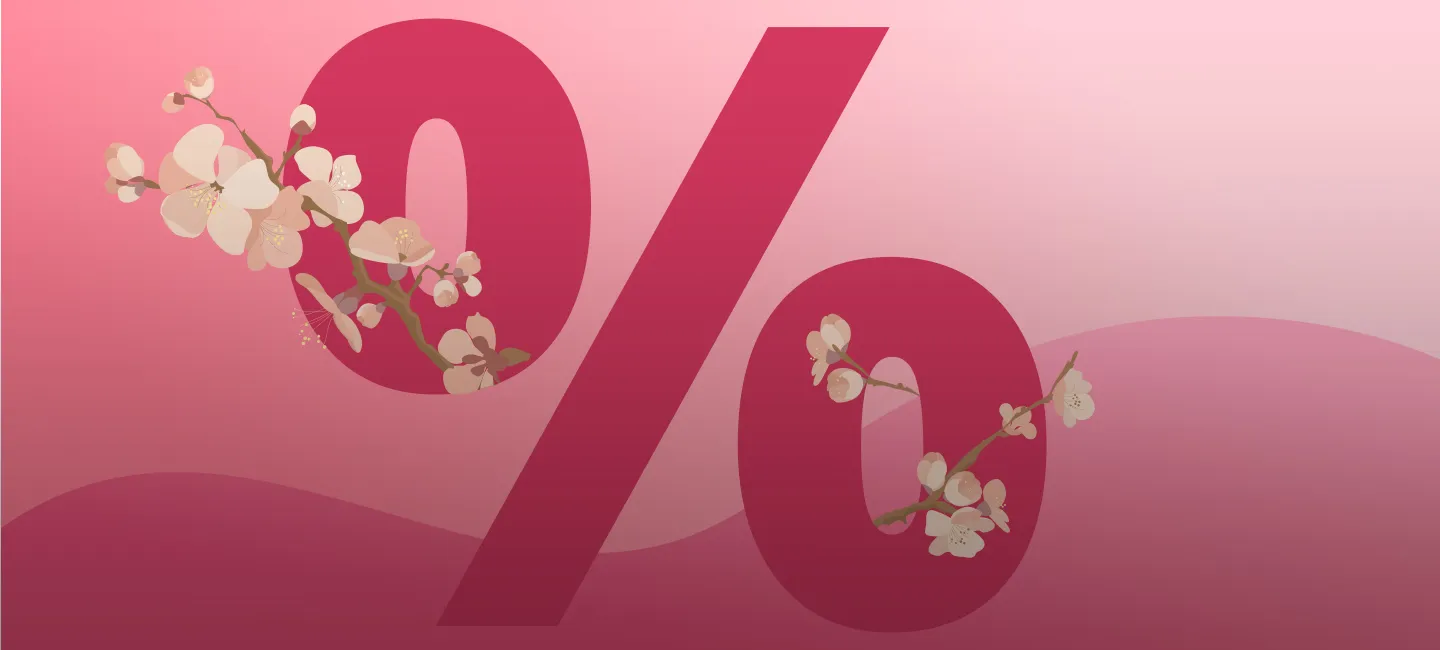 Rotes Prozentzeichen mit weißen Blüten auf rosa Farbverlaufshintergrund.