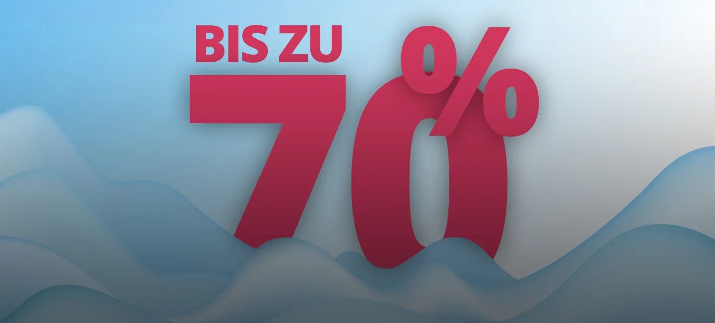 Text "Bis zu 70%" in fetter roter Schrift auf einem Hintergrund aus blauen abstrakten Wellen.