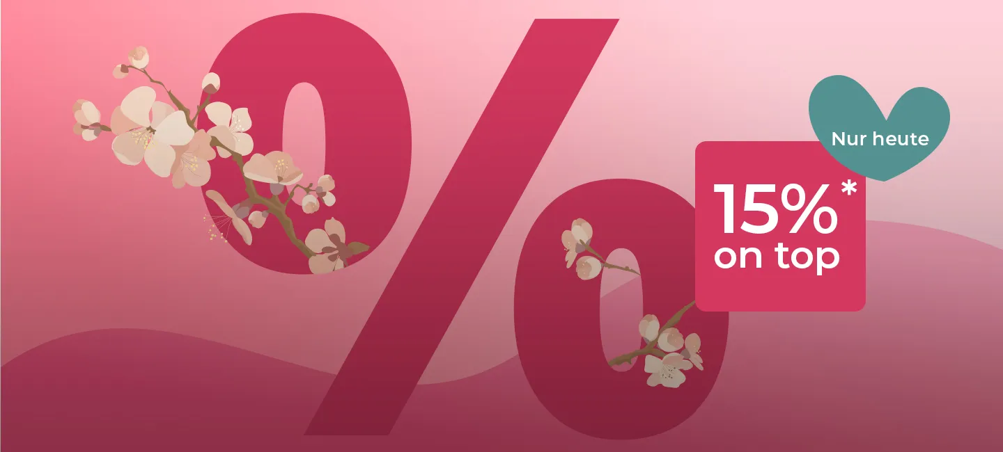 Großes rosa Prozentzeichen mit weißen Blumen, ein Quadrat mit der Aufschrift „15%“ darüber und ein Herz mit der Aufschrift „Nur heute“ auf rosa Hintergrund.