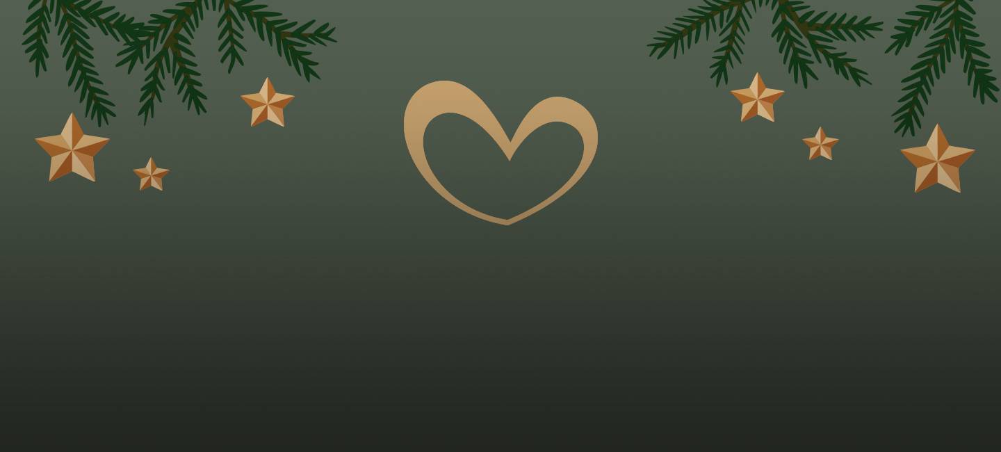 Goldenes Herz und Sterne auf dunkelgrünem Hintergrund mit Kiefernzweigen in den Ecken.