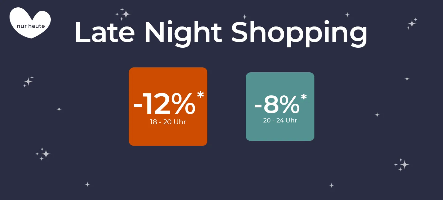 Late Night Shopping 18-20 Uhr 12% Rabatt* und 20-24 Uhr 8% Rabatt*