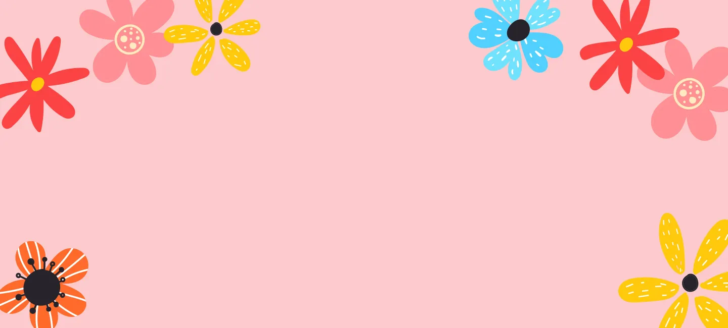 Bunte Blumen rahmen einen rosa Hintergrund ein, wobei rote, gelbe, blaue und orangefarbene Blüten an den Ecken zu sehen sind und einen zentralen Bereich frei lassen.