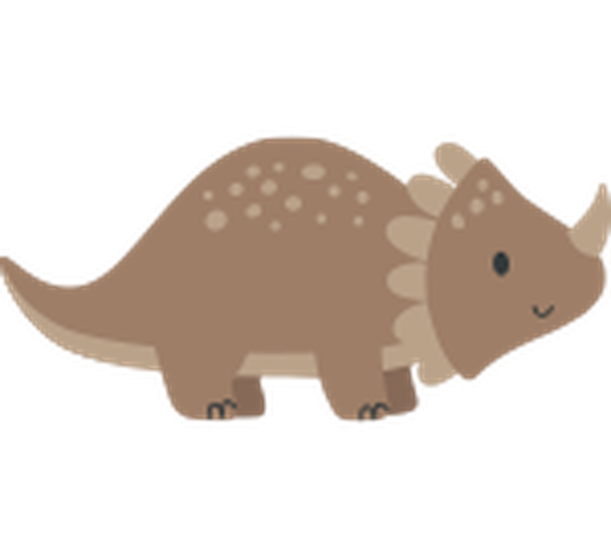 Cartoon-Illustration eines Triceratops mit braunem Körper, geflecktem Rücken, drei Hörnern und einem Kragenhals, Blick nach rechts mit fröhlichem Ausdruck.