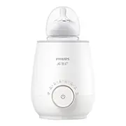 Weißer Philips Avent Flaschenwärmer enthält eine Babyflasche und verfügt über einen Drehknopf zur Temperatureinstellung an der Vorderseite.