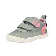 Grüner und rosafarbener Kindersneaker mit zwei Klettverschlüssen, weißer Sohle und einem kleinen orangefarbenen Detail an der Seite.