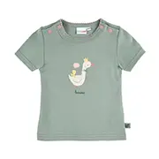 Grünes Baby-T-Shirt mit rosa Knöpfen und einer verspielten Entenillustration, die eine Krone trägt und Luftballons hält.