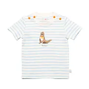 Gestreiftes Baby-T-Shirt mit hellblauen und weißen Streifen, einem Ottermotiv und orangefarbenen Knöpfen an den Schultern.