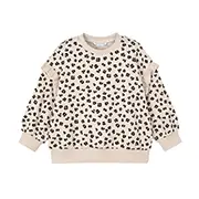 Beigefarbenes Sweatshirt mit schwarzem Leopardenmuster, Rundhalsausschnitt und langen Ärmeln.