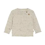 Cremefarbener Kleinkindpullover mit langen Ärmeln und zwei Knöpfen an der Schulter, abgebildet auf weißem Hintergrund.