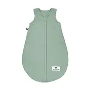 Mintgrüner, ärmelloser Babyschlafsack mit Frontreißverschluss und kleinem Logo-Etikett am unteren Rand.