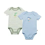 Zwei Babybodys: einer grün gestreift mit Krokodilmotiv und einer hellblau mit Vogelmotiv.