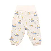 Weiße Babyhose mit bunten Cartoon-Motiven von Tieren und Autos, mit elastischem Bund und Bündchen an den Knöcheln.