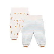 Zwei Paar Babyhosen: eine mit Herbstblättern und Eicheln, die andere mit blau-weißen Streifen, beide mit Bündchen und elastischem Bund.