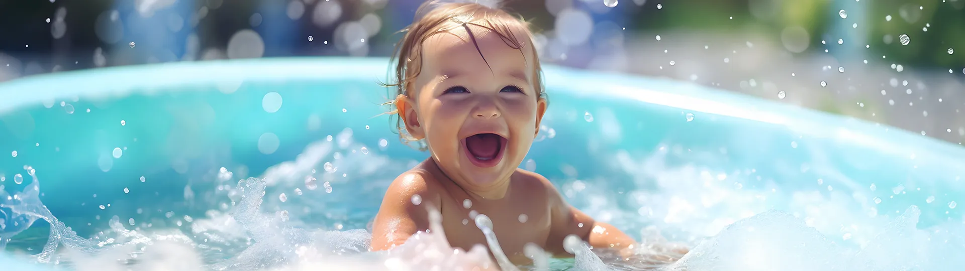 Ein vergnügtes Baby planscht in einem blauen Kinderbecken, umgeben von Wassertropfen im hellen Sonnenlicht.