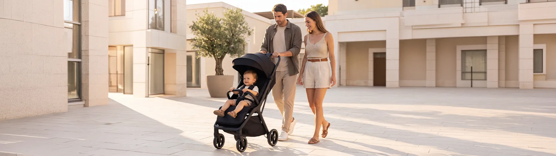 Ein Paar geht über einen sonnendurchfluteten Platz und schiebt ein lächelndes Kleinkind in einem Kinderwagen vor sich her. Die Gebäude um sie herum sind modern und beigefarben.