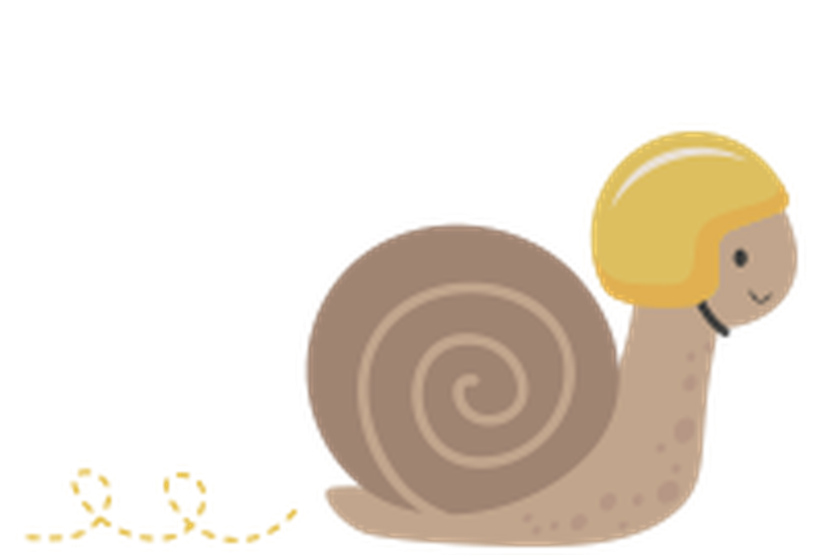 Illustration einer lächelnden Schnecke mit gelbem Helm, die eine gepunktete Spur hinterlässt.