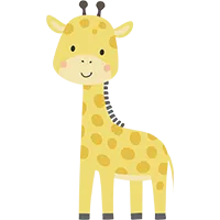 Cartoon-Giraffe mit einem lächelnden Gesicht, gelbem Körper, braunen Flecken und zwei kleinen Hörnern, die auf einem hellen Hintergrund steht.