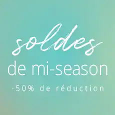 Sur un fond turquoise, on peut lire : « Soldes de mi-saison, -50 % de réduction* », indiquant une offre promotionnelle.