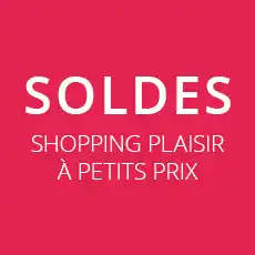 Fond rouge avec texte blanc : « SOLDES » et « SHOPPING PLAISIR À PETITS PRIX »