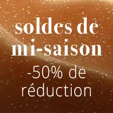 Le texte sur fond marron moucheté indique : « soldes de mi-saison -50% de réduction », indiquant une vente de mi-saison avec 50 % de réduction.