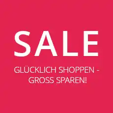Roter Hintergrund mit fettem weißem Text: „SALE.“ Unten lautet der kleinere Text: „GLÜCKLICH SHOPPEN – GROSS SPAREN!“