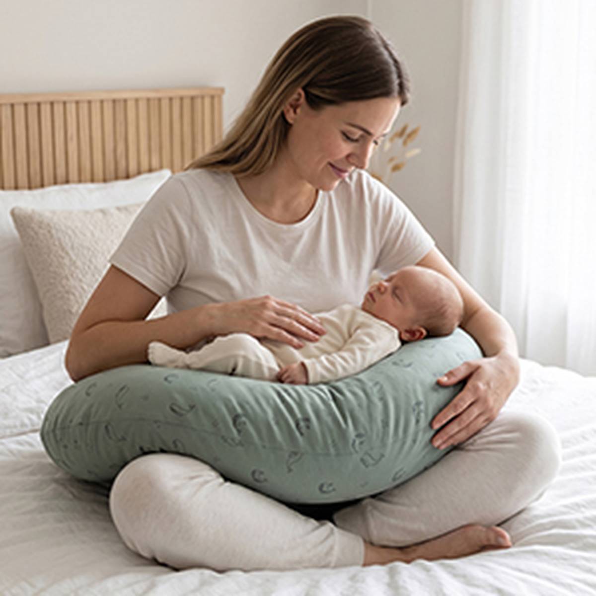 Person sitzt auf einem Bett und nutzt ein mintgrünes Stillkissen, um ein Baby während des Fütterns bequem zu stützen. Die Szene findet in einem hellen Schlafzimmer mit weißen Textilien und einem Holzbett statt und zeigt die ergonomische Unterstützung durch das Stillkissen.