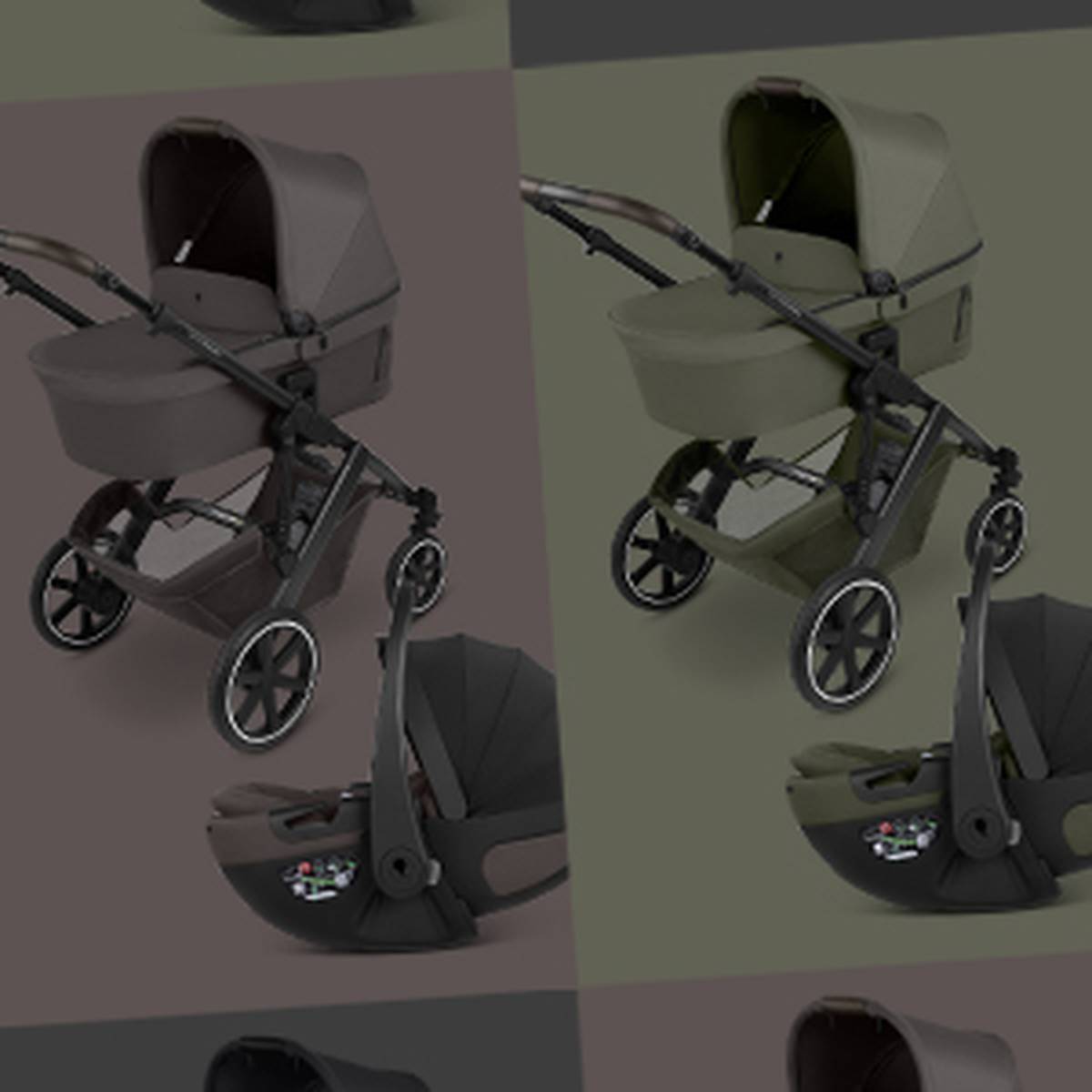 Collage aus vier Kinderwagen in verschiedenen Braun- und Grüntönen, jeweils mit passender Babyschale, aus unterschiedlichen Blickwinkeln dargestellt.