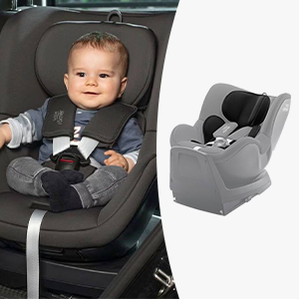 Ein Baby sitzt in einem dunkelgrauen Kindersitz in einem Fahrzeug; eine weitere Ansicht des Kindersitzes ist separat auf der rechten Seite zu sehen.