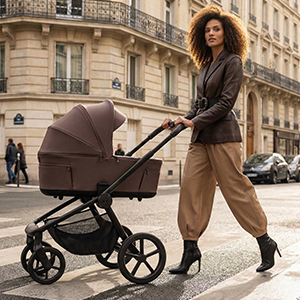 Eine Frau in einem stilvollen Outfit schiebt einen braunen Kinderwagen über eine Straße in der Stadt, mit klassischer europäischer Architektur im Hintergrund.