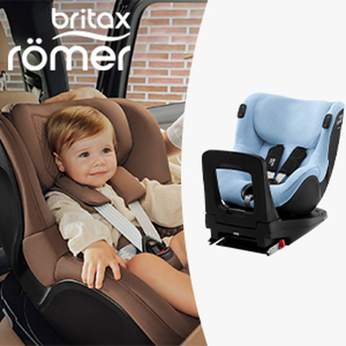 Eine Frau sichert ein lächelndes Kleinkind in einem Britax Römer-Kindersitz in einem Auto. Rechts ist ein weiterer blauer Kindersitz zu sehen.