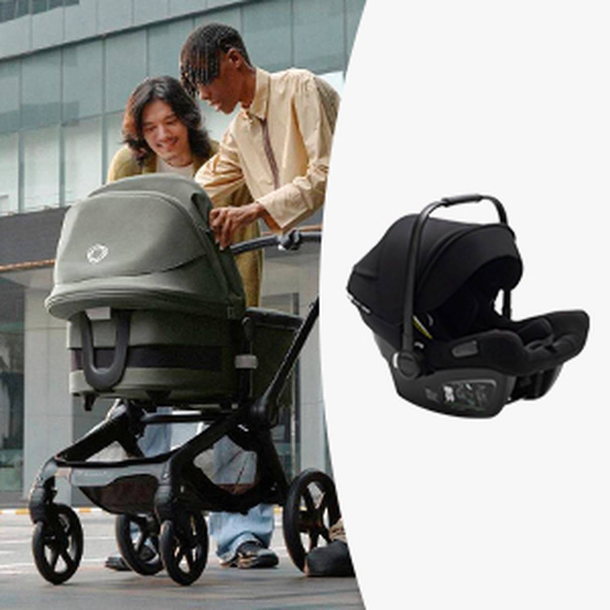 Links bewundert ein Paar einen Kinderwagen, rechts ist vor weißem Hintergrund ein Autositz zu sehen.