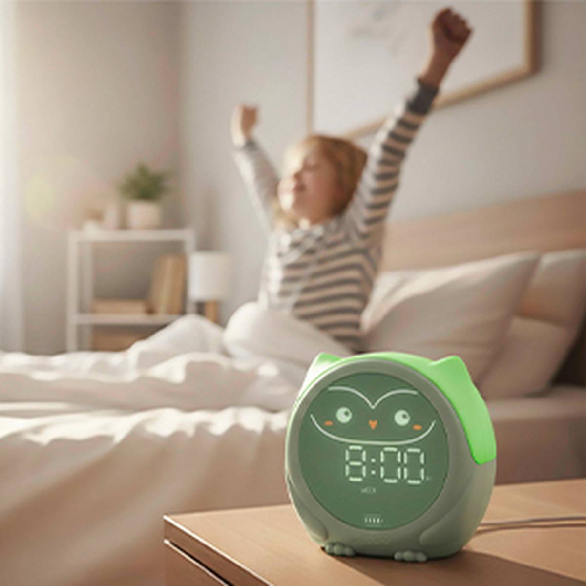 Ein Kind wacht im Bett auf und streckt sich mit erhobenen Armen. Neben dem Bett steht ein Nachttisch mit einem niedlichen digitalen Wecker in Eulenform, der 8:00 Uhr anzeigt.