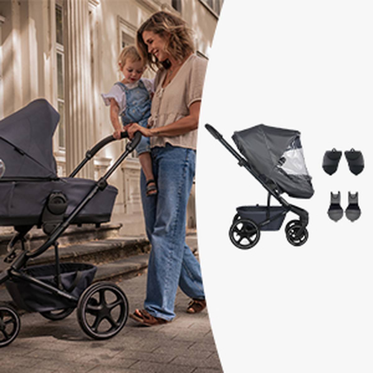 Eine Frau schiebt ein Kleinkind in einem dunklen Kinderwagen im Freien. Daneben zeigt ein geteiltes Bild den Kinderwagen mit Zubehör vor weißem Hintergrund.