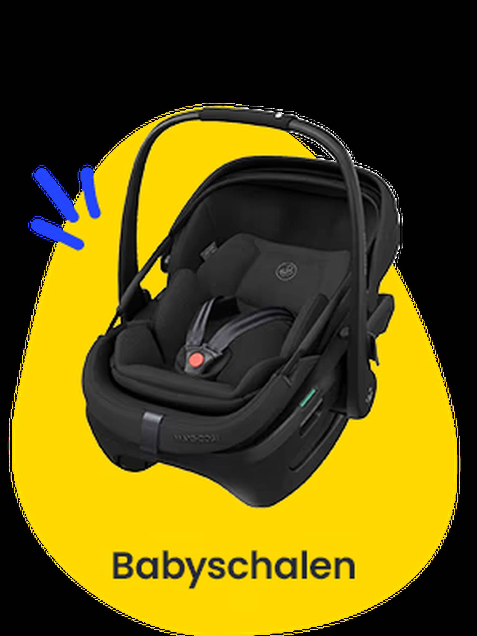 Babyschalen. Auf einem gelben Shape ist eine schwarze Babyschale abgebildet.