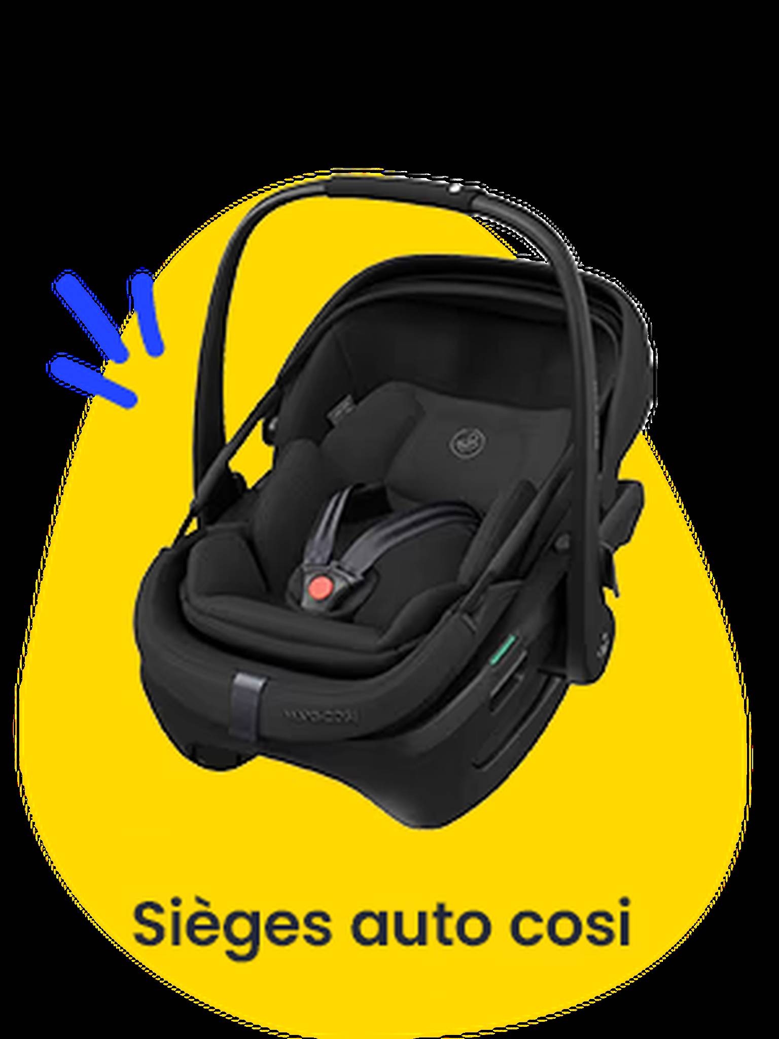 Sièges auto pour bébés. Sur une forme jaune est représenté un siège auto noir pour bébé.