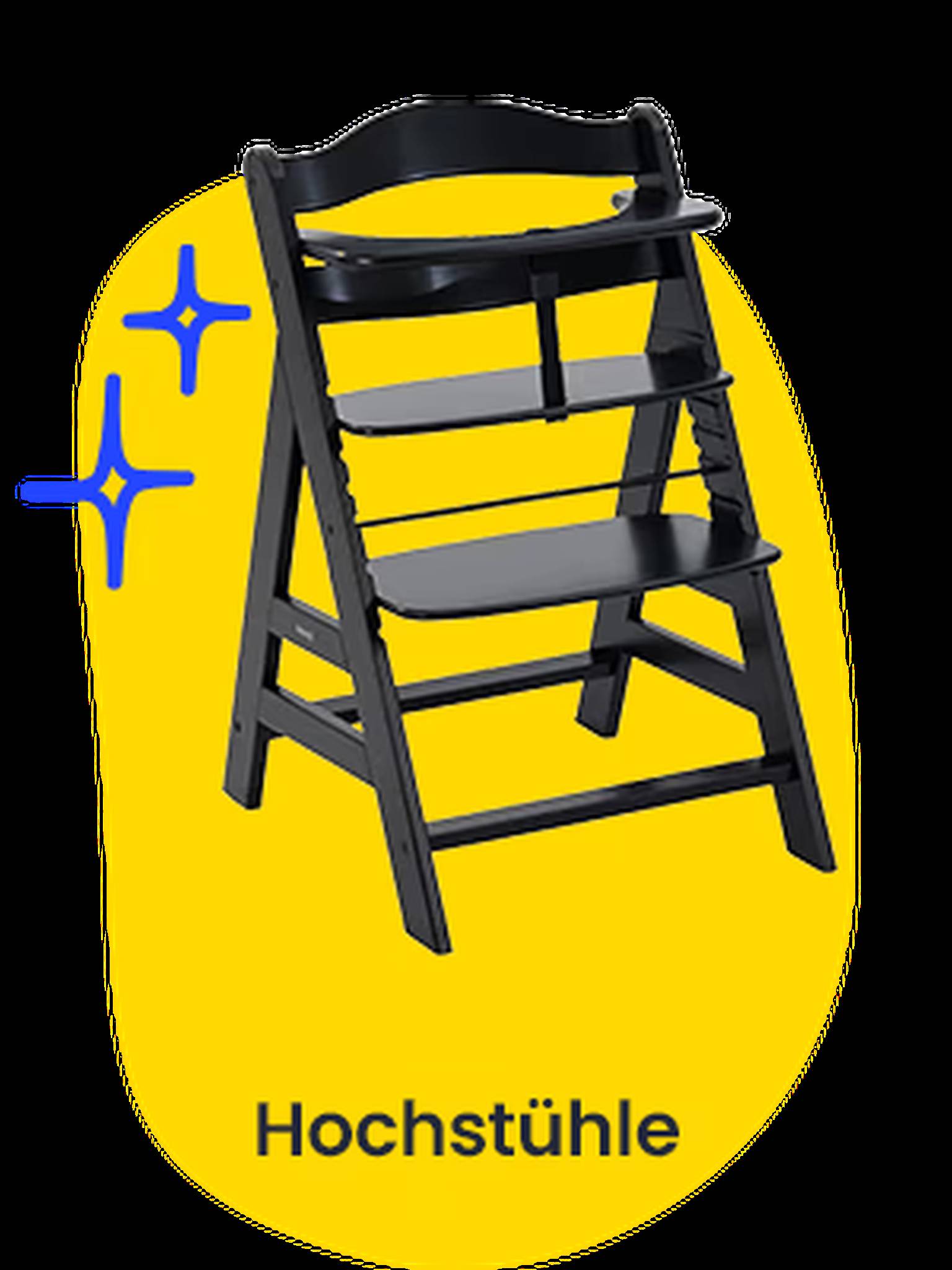 Hochstühle. Auf einem gelben Shape ist ein schwarzer Treppenhochstuhl abgebildet.