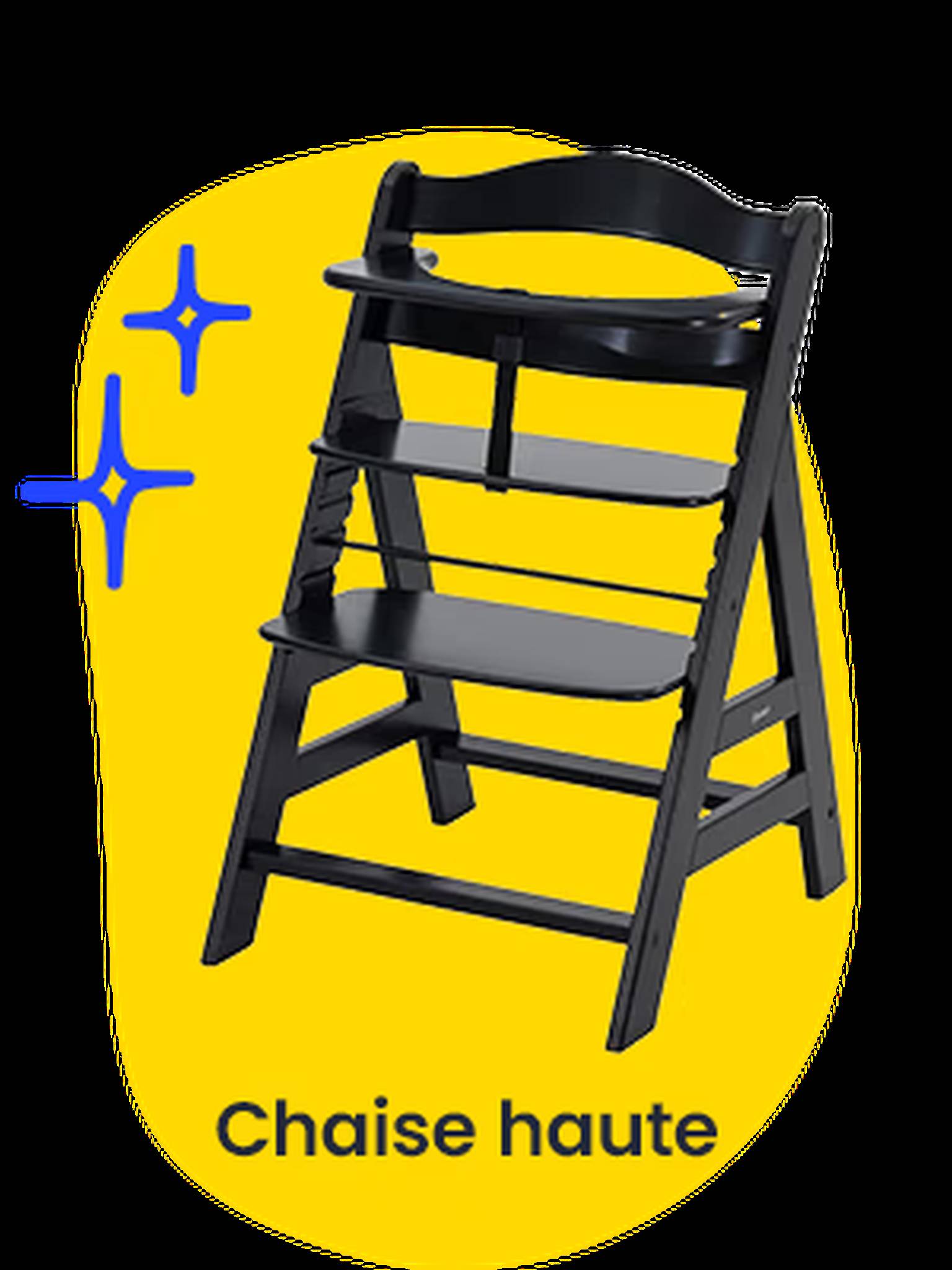 Chaises hautes. Une chaise haute noire en forme d'escalier est représentée sur une forme jaune.