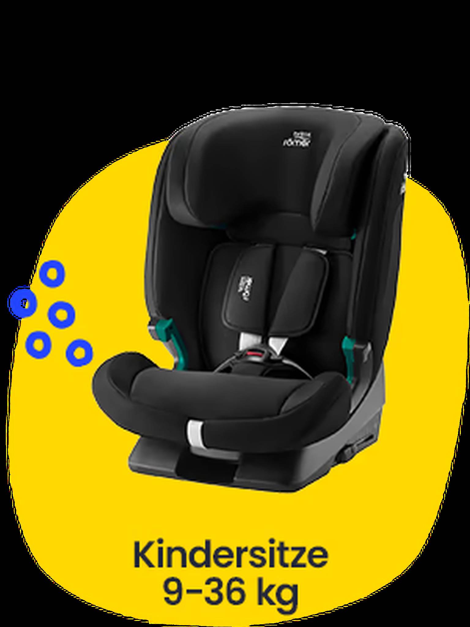 Kindersitze 9-36 kg. Auf einem gelben Shape ist ein schwarzer Kindersitz abgebildet.