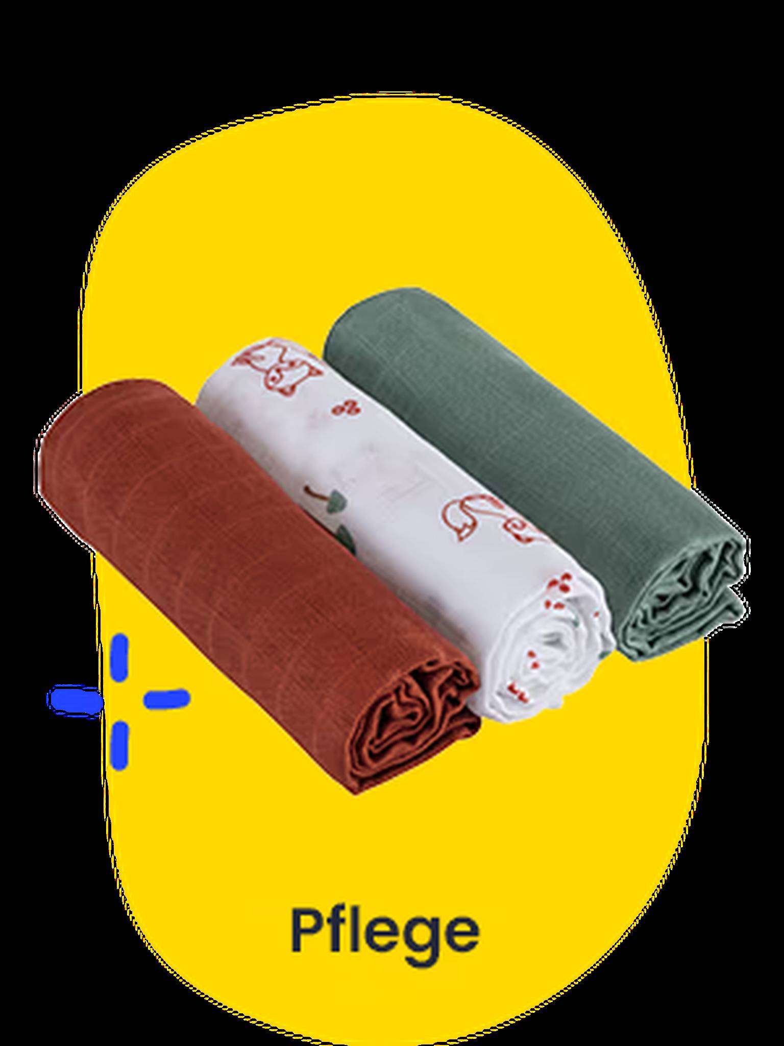 Pflege. Auf einem gelben Shape sind drei Mulltücher in rot, weiß mit Fuchmotiv und Salbeigrün abgebildet.