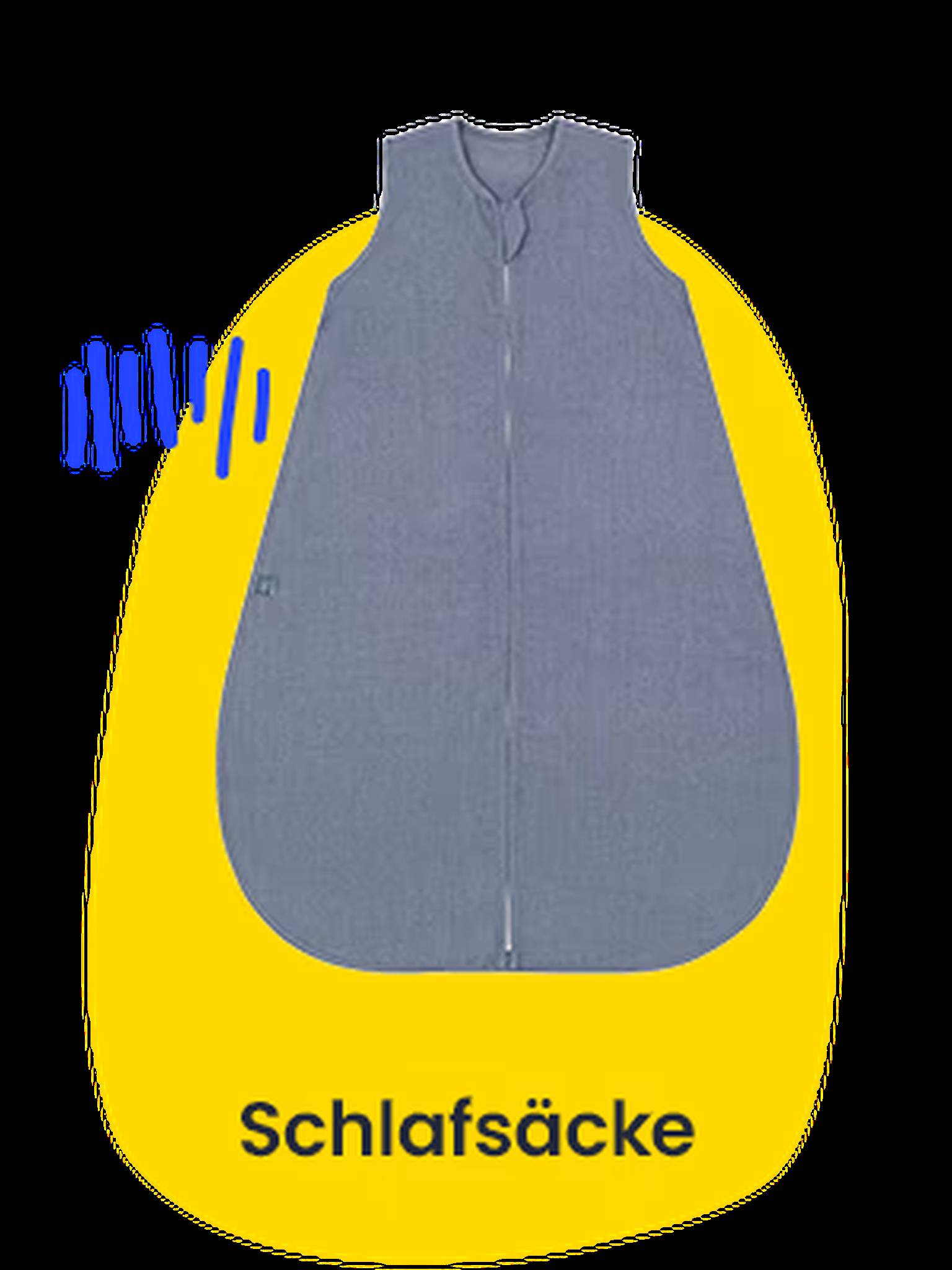 Schlafsäcke. Auf einem gelben Shape ist ein blauer Schlafsack abgebildet.