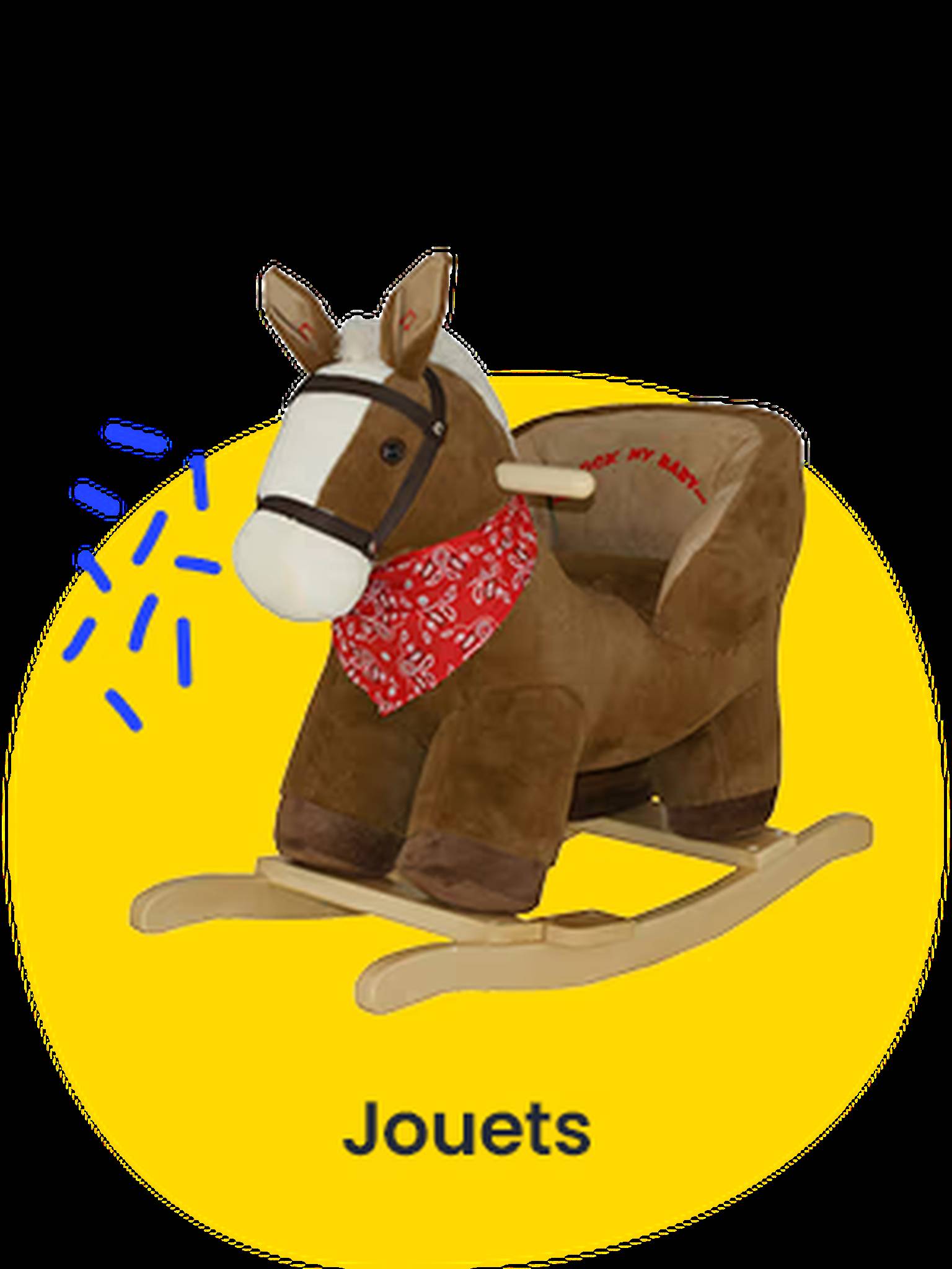 Jouets. Sur une forme jaune est représenté un cheval à bascule avec un foulard rouge.