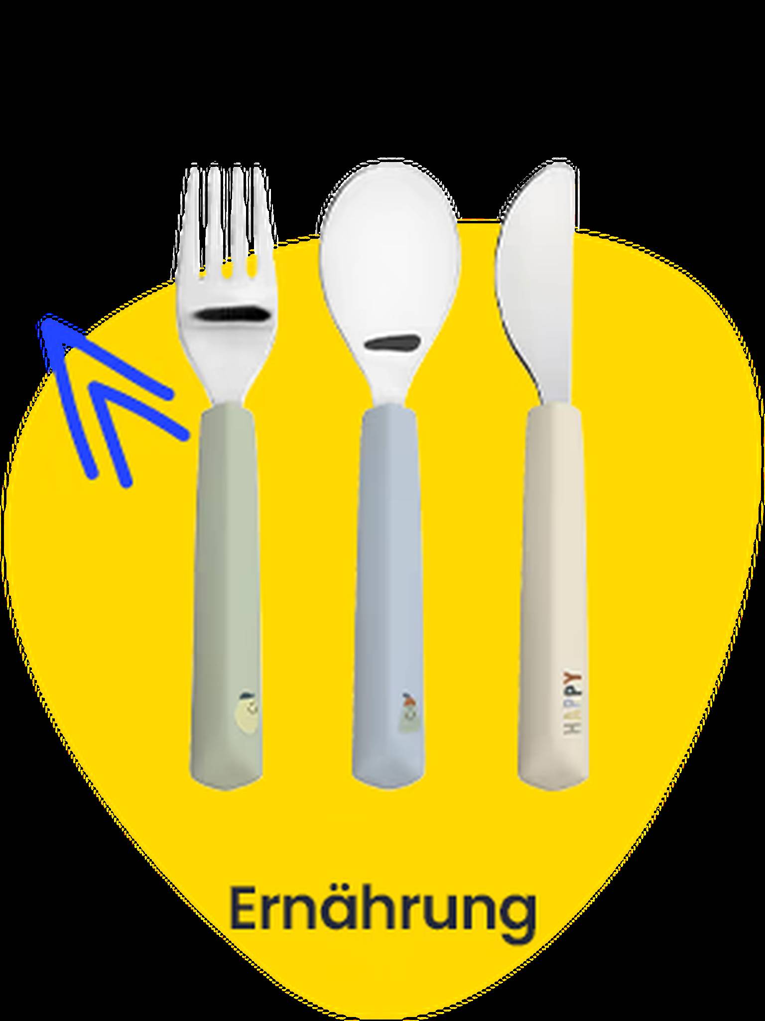Ernährung. Auf einem gelben Shape ist ein Besteckset abgebildet.
