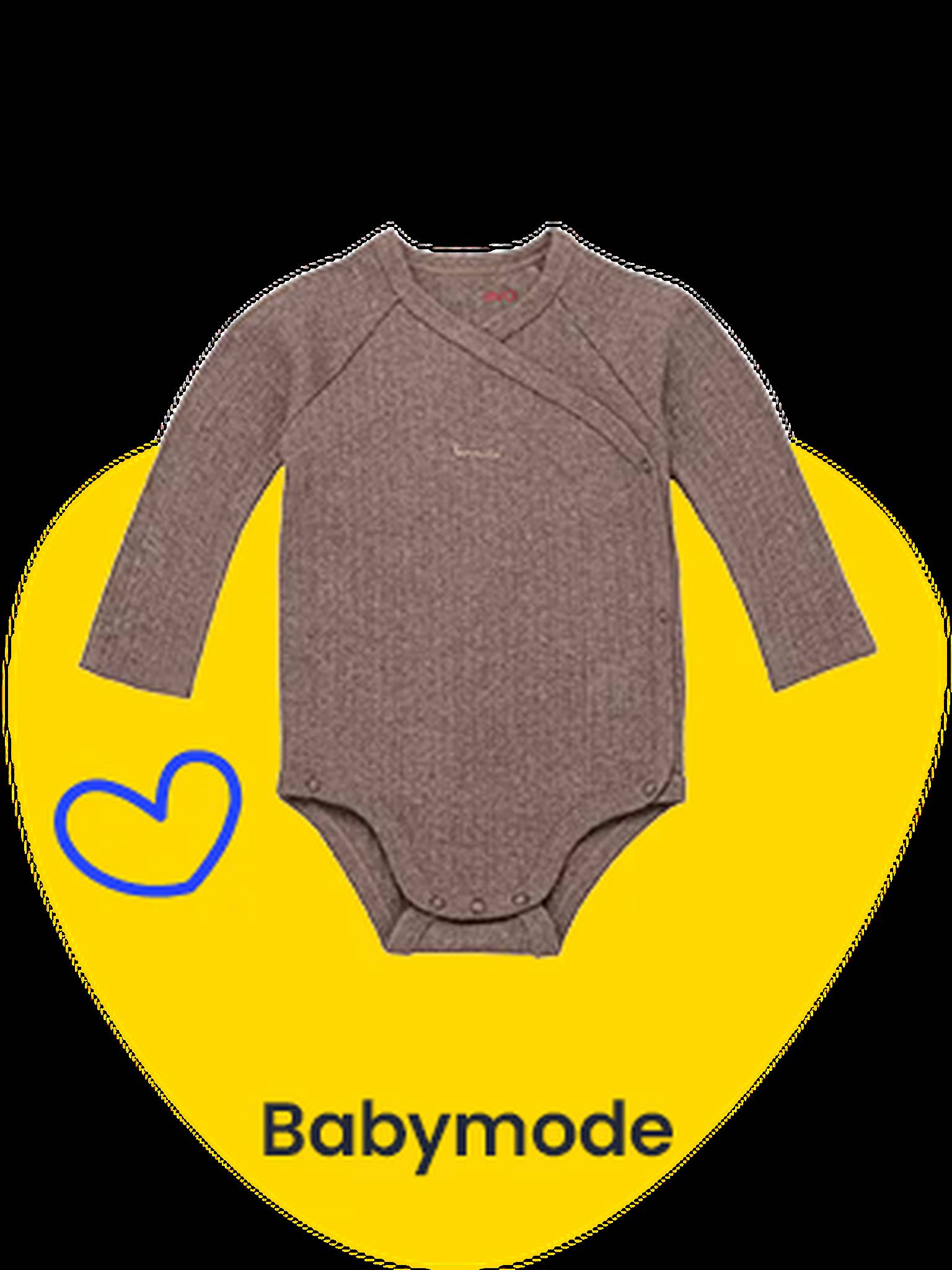 Babymode. Auf einem gelben Shape ist ein brauner Langarmbody abgebildet.