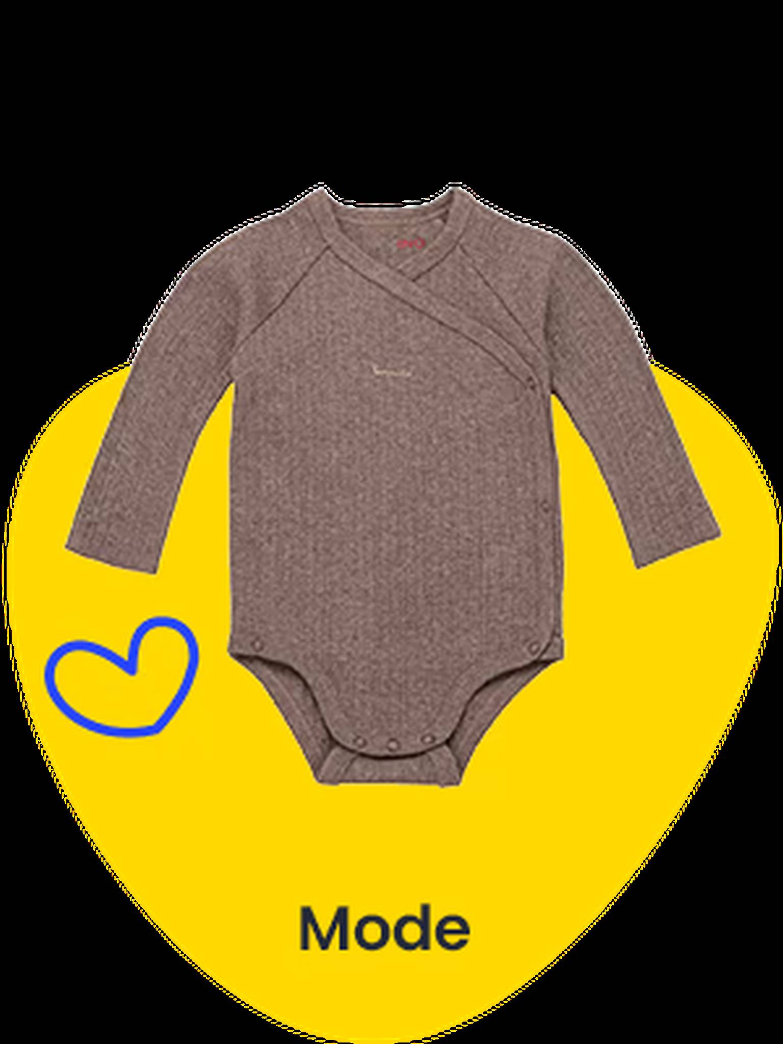 Vêtements pour bébés. Sur une forme jaune est représenté un body à manches longues marron.