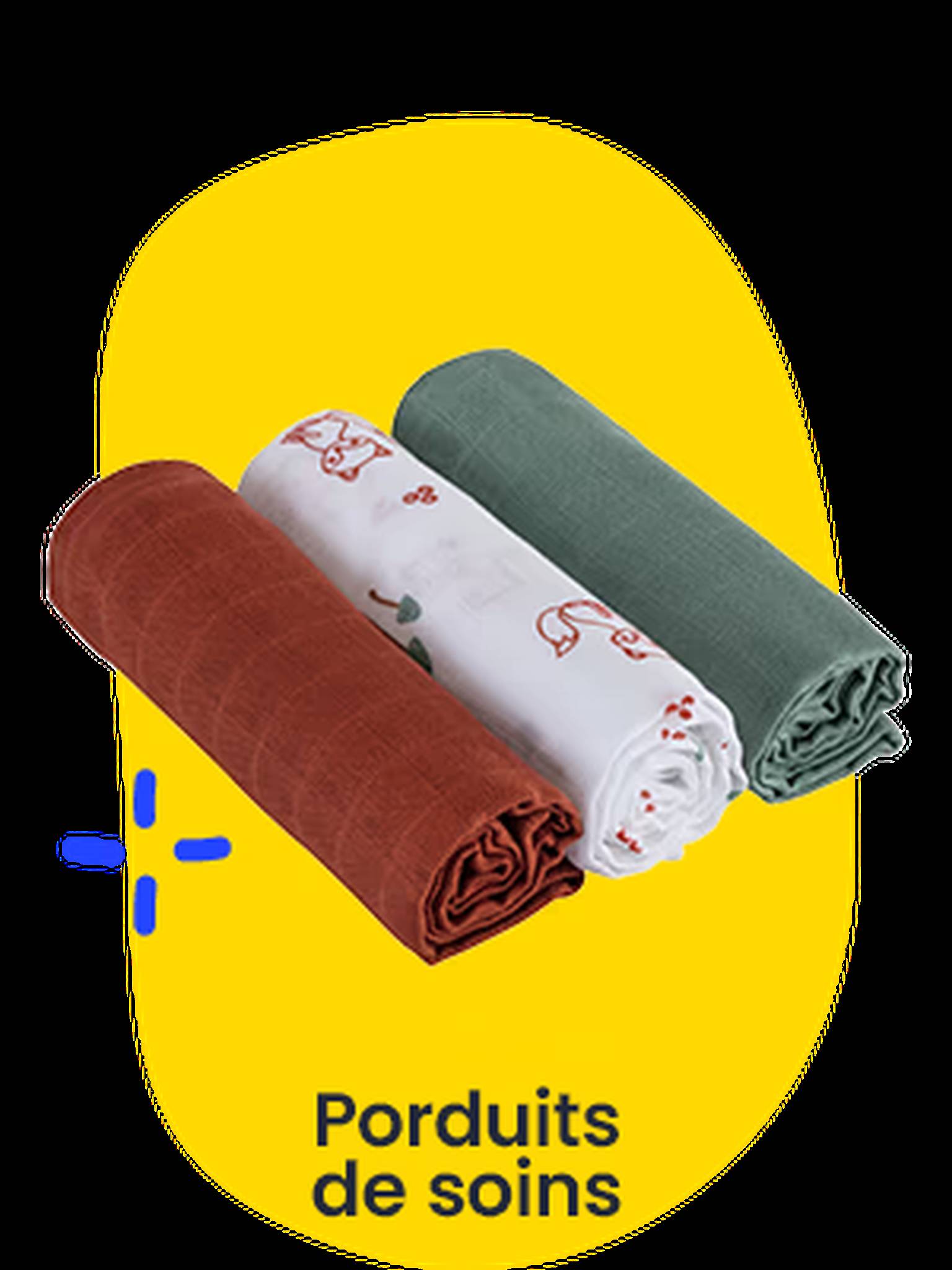 Soins. Sur une forme jaune sont représentés trois langes de couleur rouge, blanc avec un motif de renard et vert sauge.